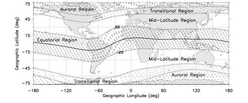 Mapa de Regiones con mayor perturbaciones geomagnéticas.